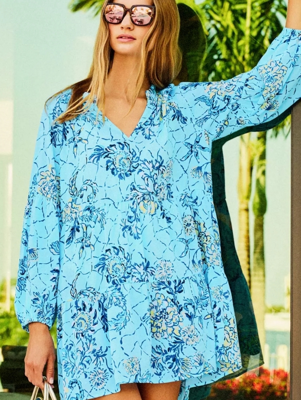 Lilly Pulitzer Light Blue Floral V-Neck Tunic Dress
